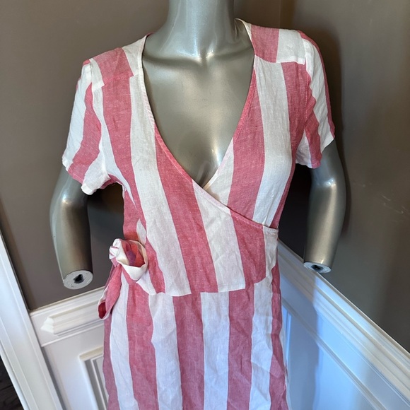 Marine Layer Stripped Pink/White Wrap Tie Linen Blend Dress Sz M - Picture 2 of 4